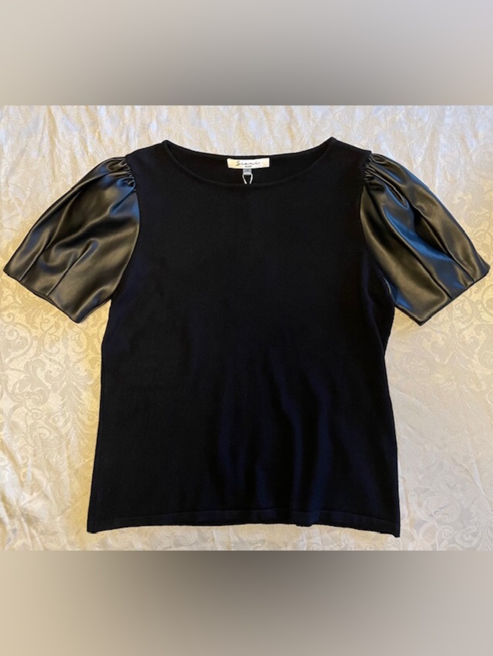 Black Knit Faux Leather Puff Sleeve Top Medium NWT